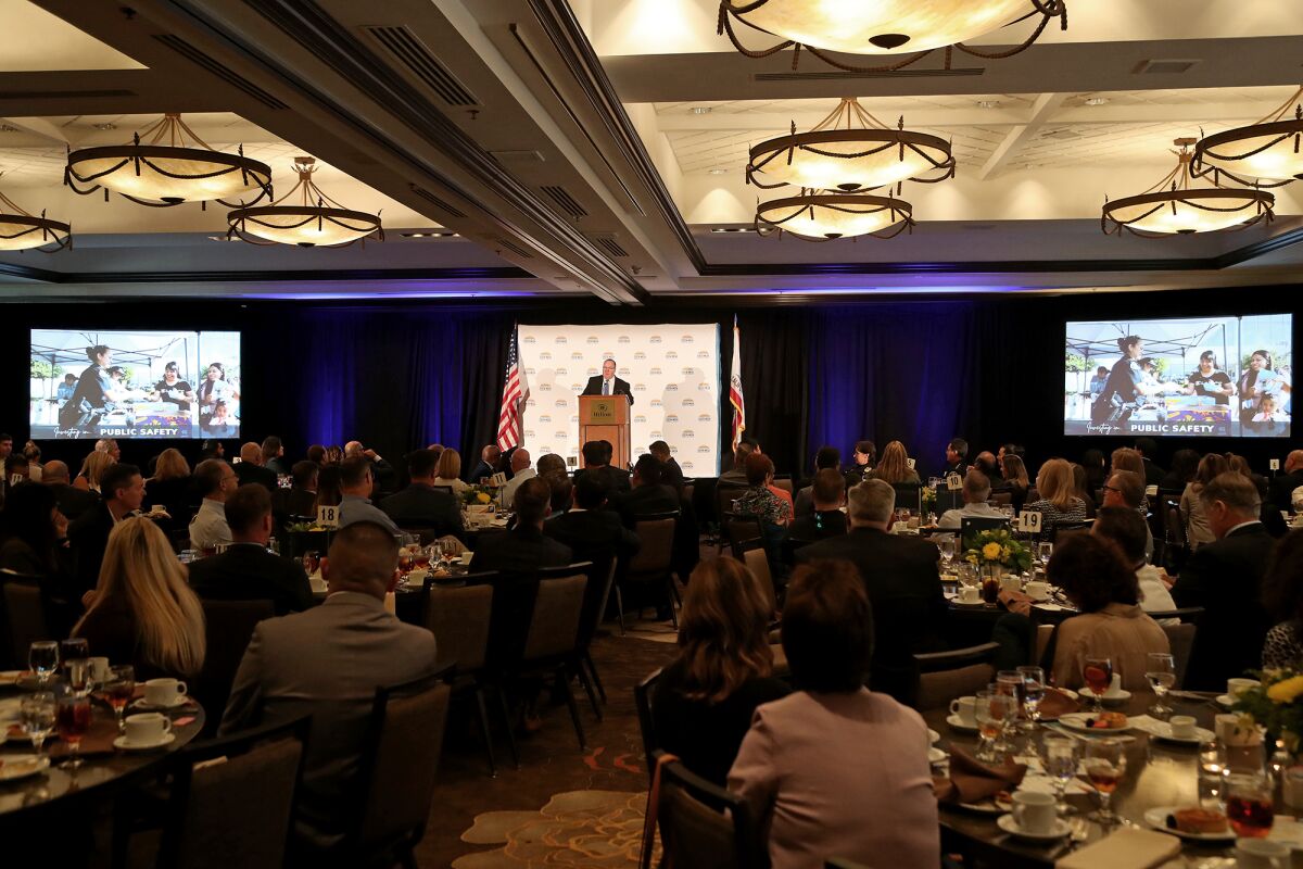 Mayor John Stephens speaks during the Costa Mesa Chamber of Commerce annual State of the City luncheon Friday.