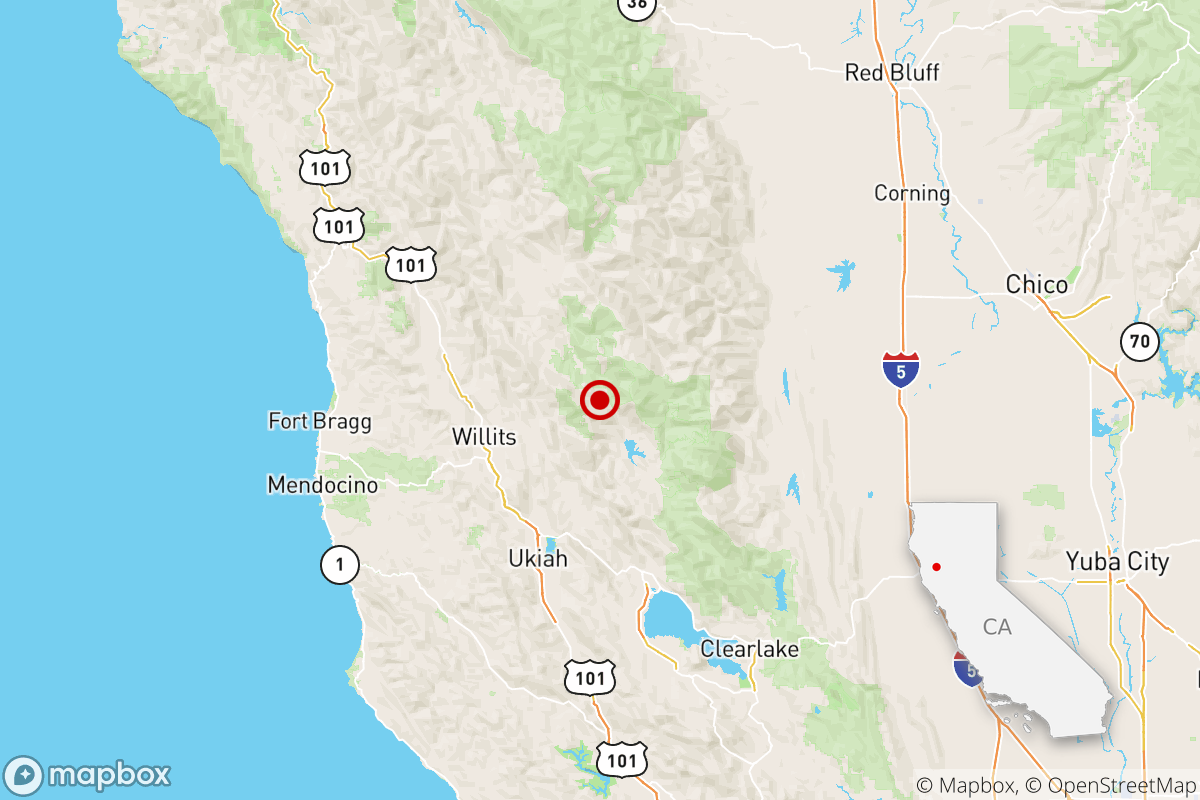 Map shows the location of an earthquake in California.