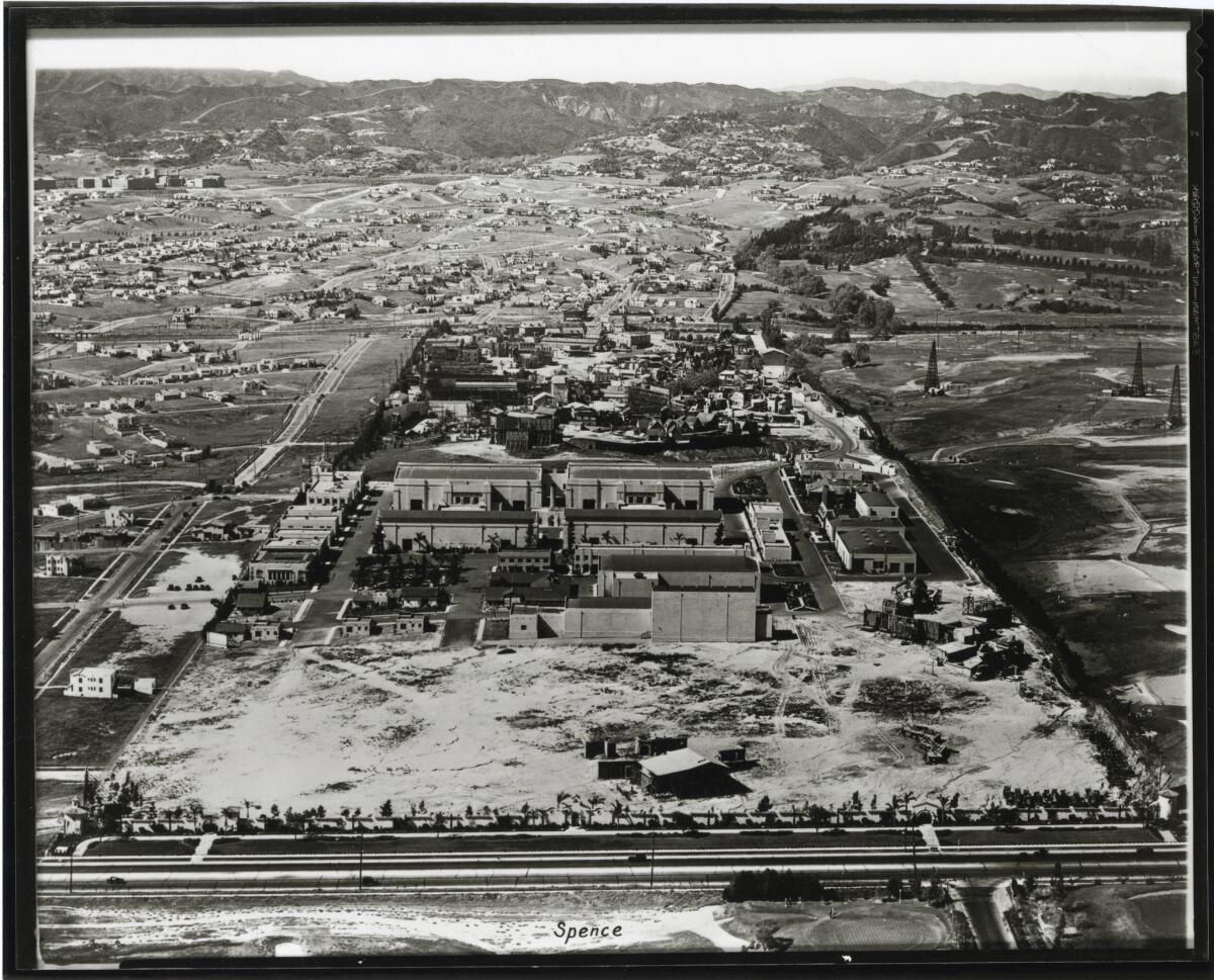 The Fox Studio Lot, circa 1930. Pico Boulevard can be seen running across the bottom of the image.