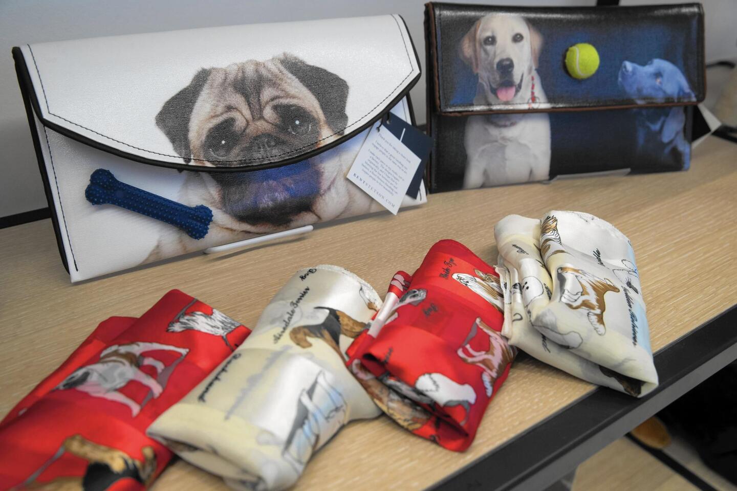 Dog-themed scarves and clutches for sale at the American Kennel Club Museum of the Dog store in New York.