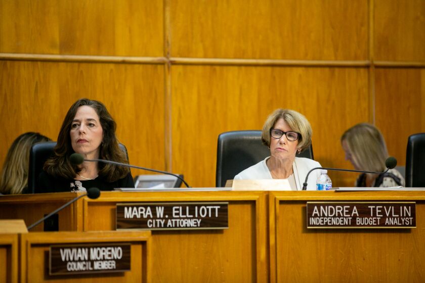 San Diego City Attorney Mara Elliot and Independent Budget Analyst Andrea Tevlin appear at a meeting on August 6, 2019 in San Diego, California.