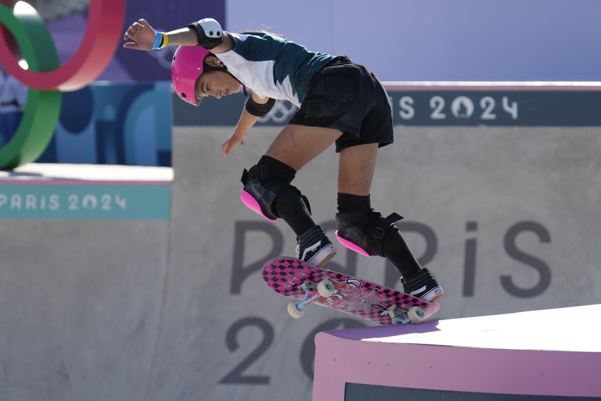 Arisa Trew of Australia competes during the women's skateboarding park final at the Paris Olympic Games on Tuesday.