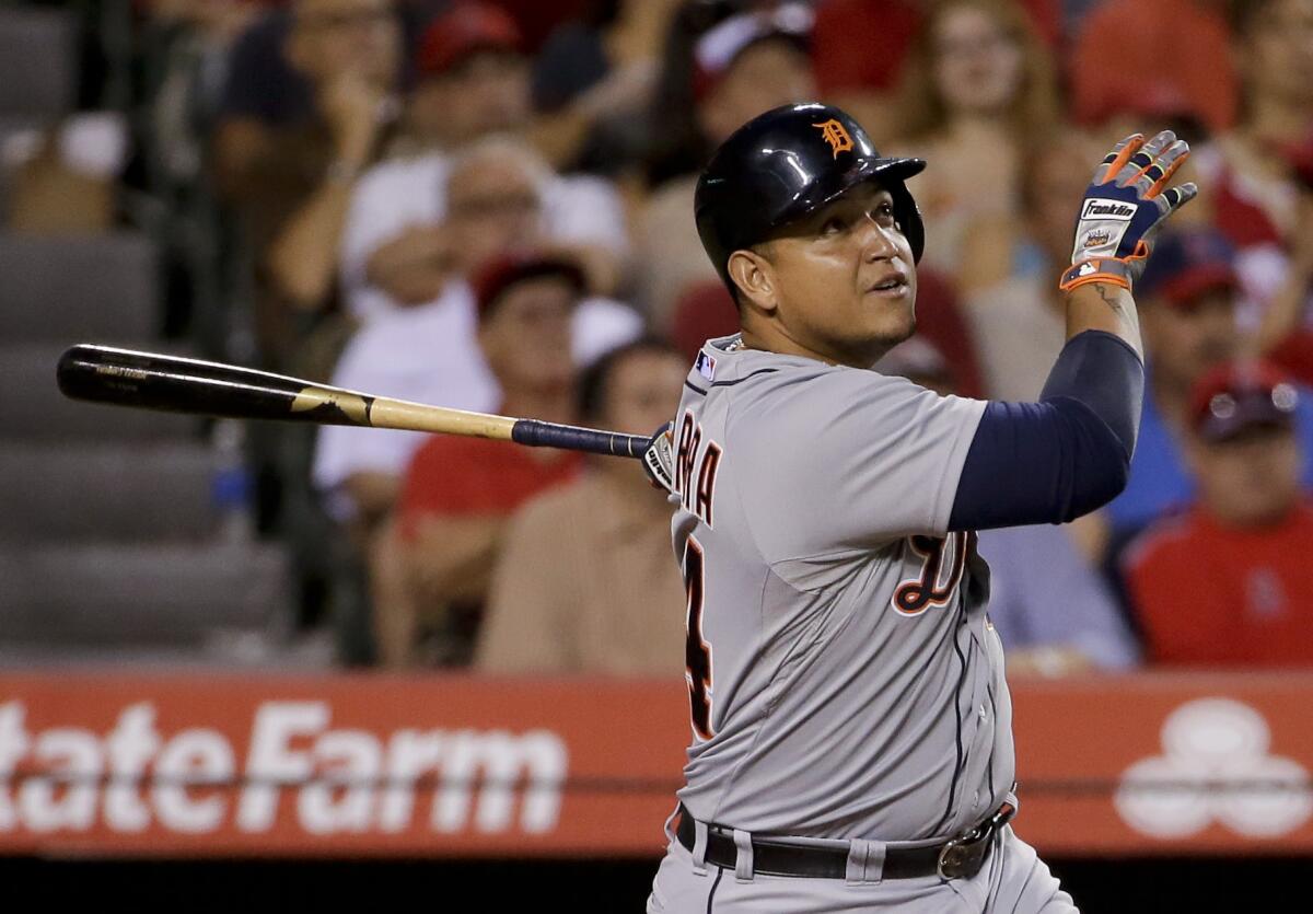 Detroit's Miguel Cabrera watches his home run Friday against the Angels in Anaheim.