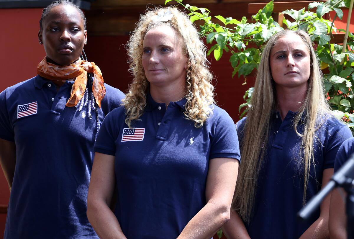 Goalkeeper Ashleigh Johnson, left, Kaleigh Gilchrist and Maddie Musselman during a press conference.