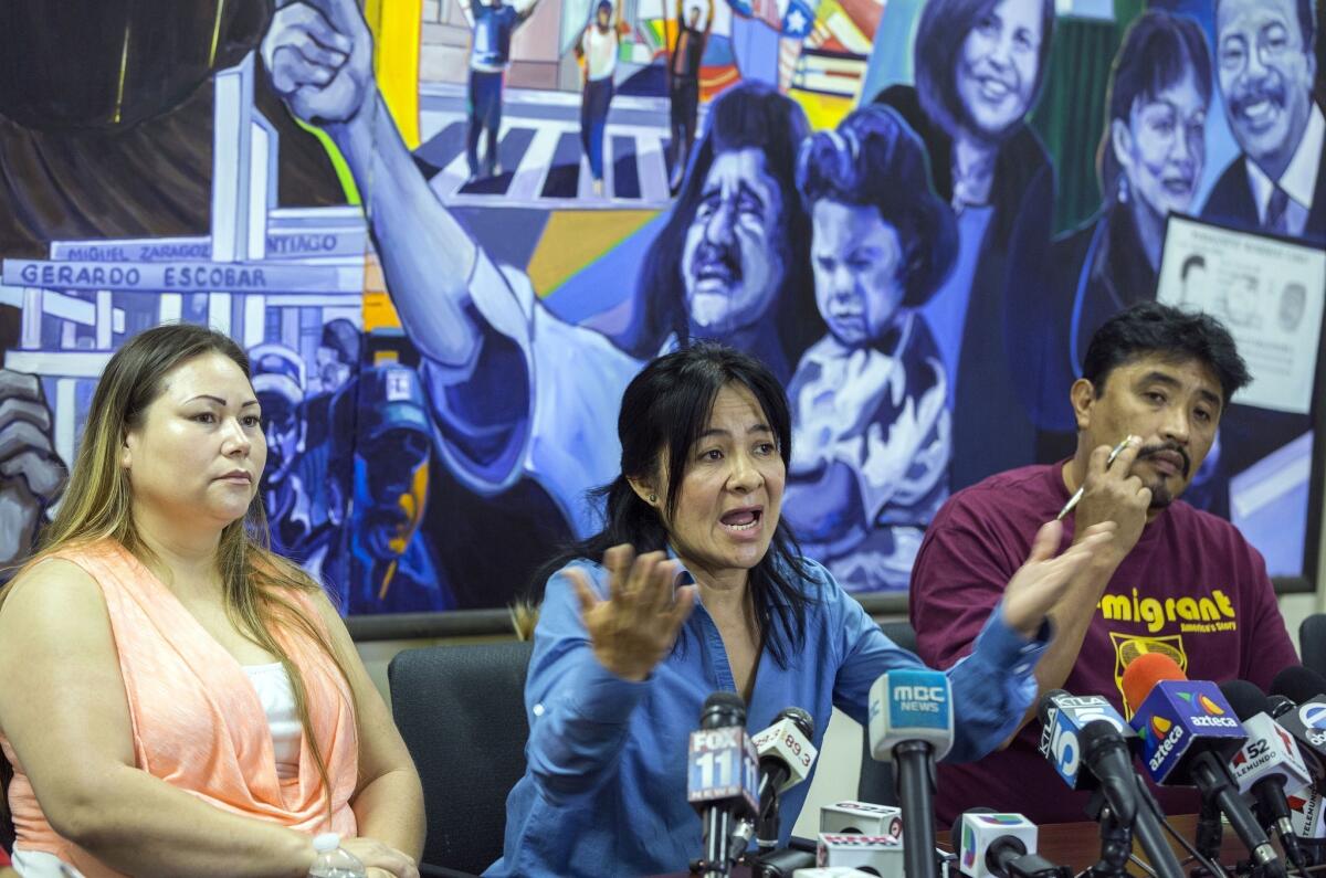 Bertha Diaz, left, and Araceli Sanchez recount their daily struggles of driving without a California license during a news conference at Coalition for Humane Immigrant Rights of Los Angeles, with CHIRLA senior organizer Antonio Bernabe, right, on Friday.