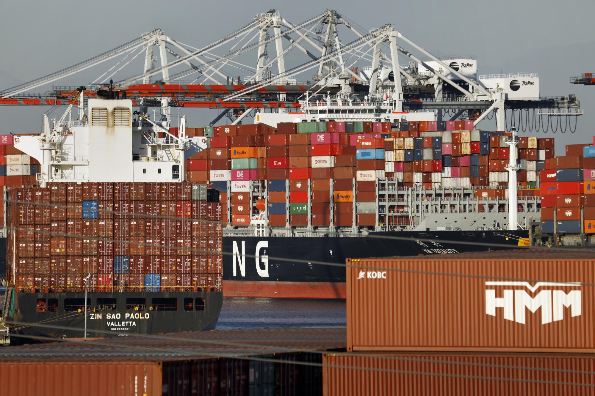 A wide-angle view of docked container ships