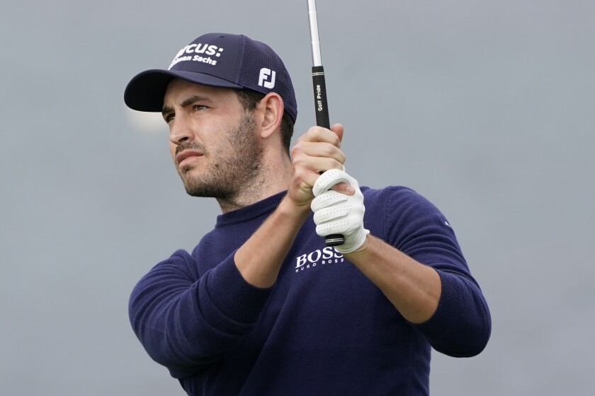 Patrick Cantlay follows his shot from the seventh tee of the Pebble Beach Golf Links during the first round of the AT&T Pebble Beach Pro-Am golf tournament, Thursday, Feb. 11, 2021, in Pebble Beach, Calif. (AP Photo/Eric Risberg)