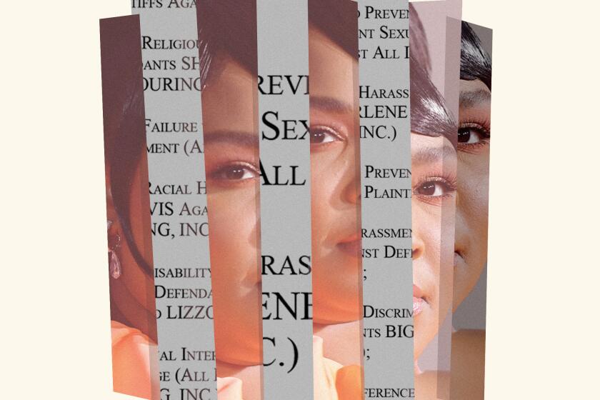 Abstract photo collage of Lizzo and court documents.