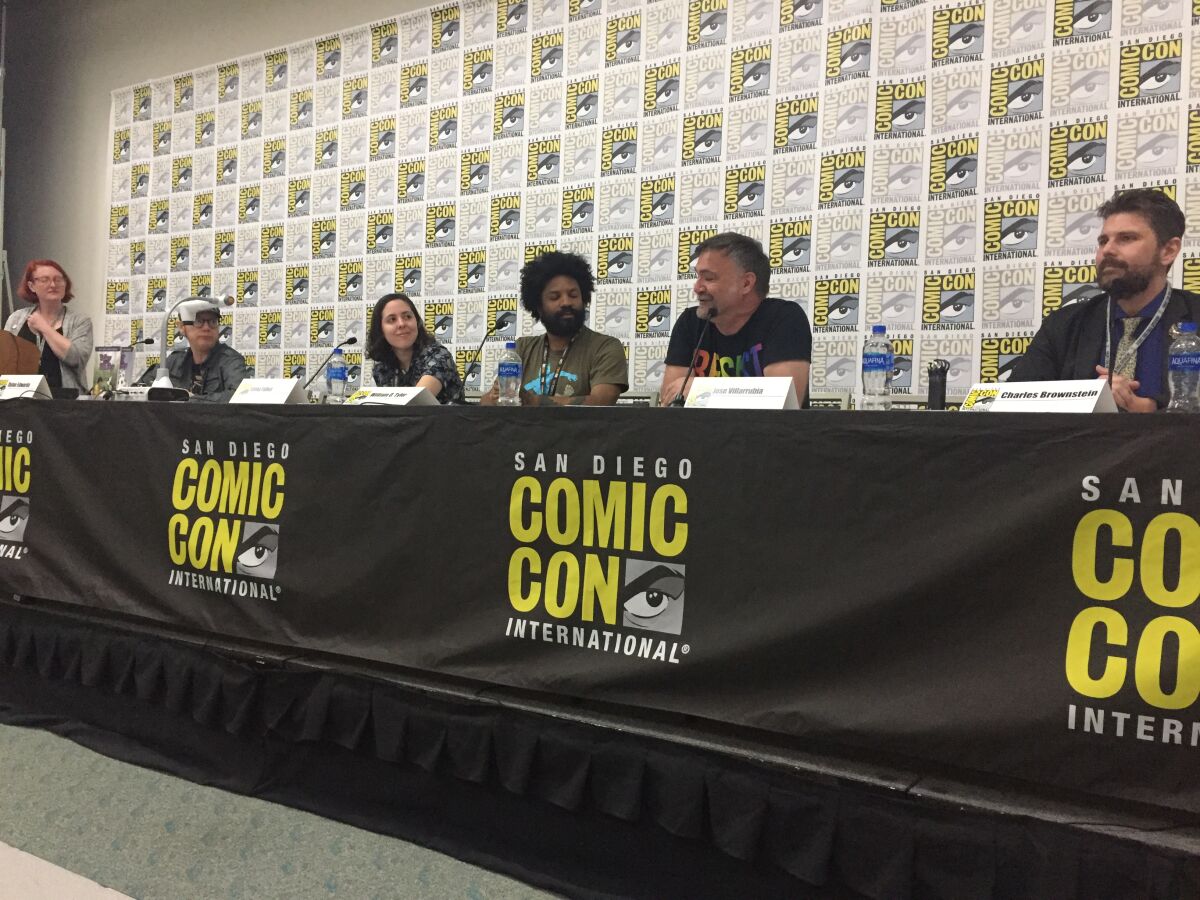 Participants in the "Take PRIDE in Comics" panel at San Diego Comic-Con 2019 on Friday, from left: Comic Book Legal Defense Fund education director Holly Dotson, comics author Dylan Edwards, comic book shop owner Siena Fallon, author/editor William O. Tyler, colorist Jose Villarubia and CBLDF executive director Charles Brownstein.