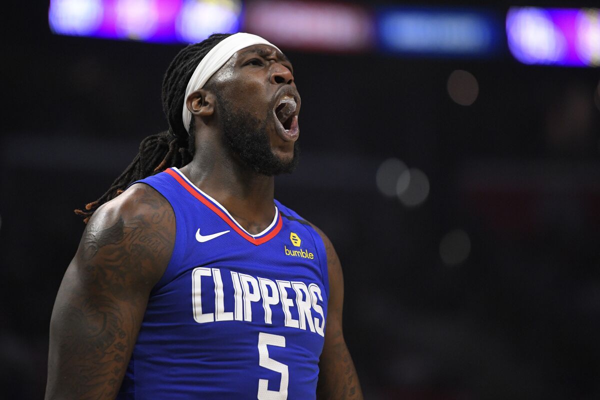 Clippers center Montrezl Harrell yells after getting called for a foul.