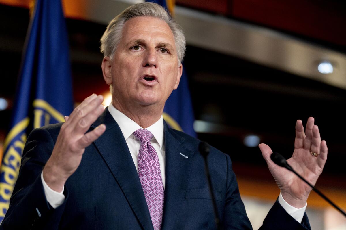 Kevin McCarthy, wearing a lavender tie, speaks while raising his hands.