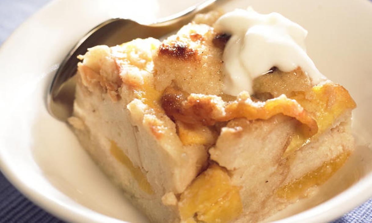 Recipe: Peach and buttermilk bread pudding with golden raisins