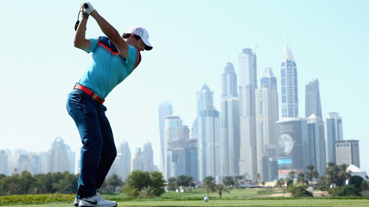Rory McIlroy tees off on the eighth hole during the final round of the Dubai Desert Classic on Sunday.