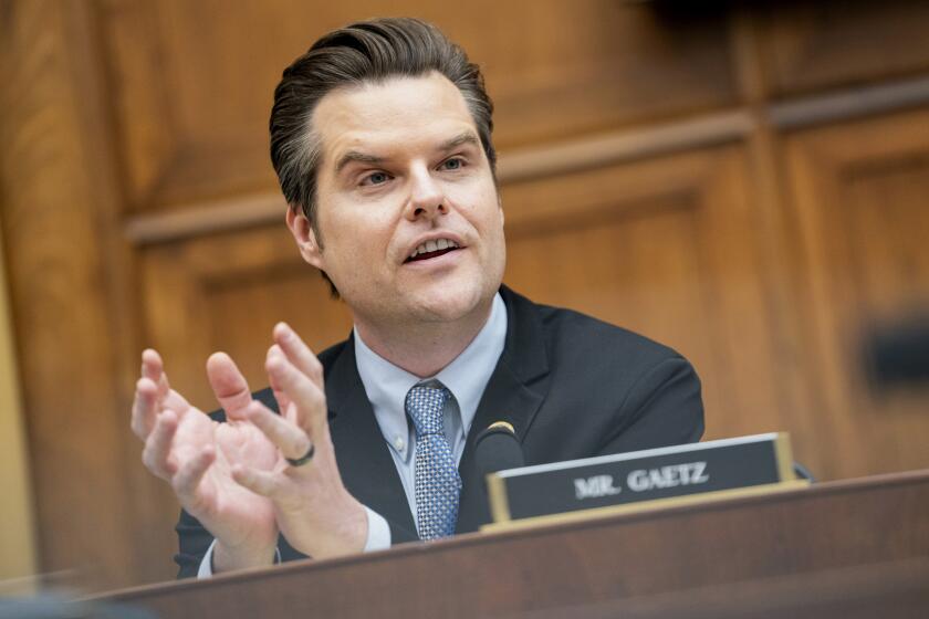 FILE - Rep. Matt Gaetz, R-Fla., speaks on Capitol Hill in Washington, Tuesday, March 12, 2024. Gaetz, who angered many of his Republican House colleagues with his challenges that led to Speaker Kevin McCarthy's ouster, has drawn a former Navy pilot as an opponent in August's GOP primary. (AP Photo/Nathan Howard, File)