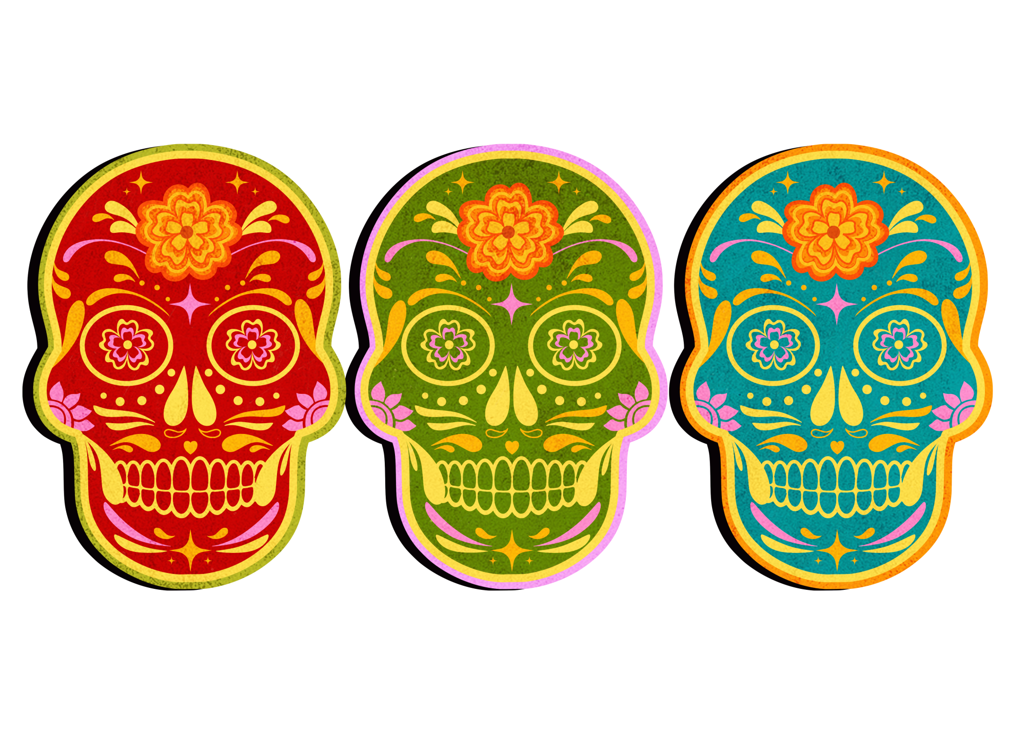 A drawing of colored skulls.