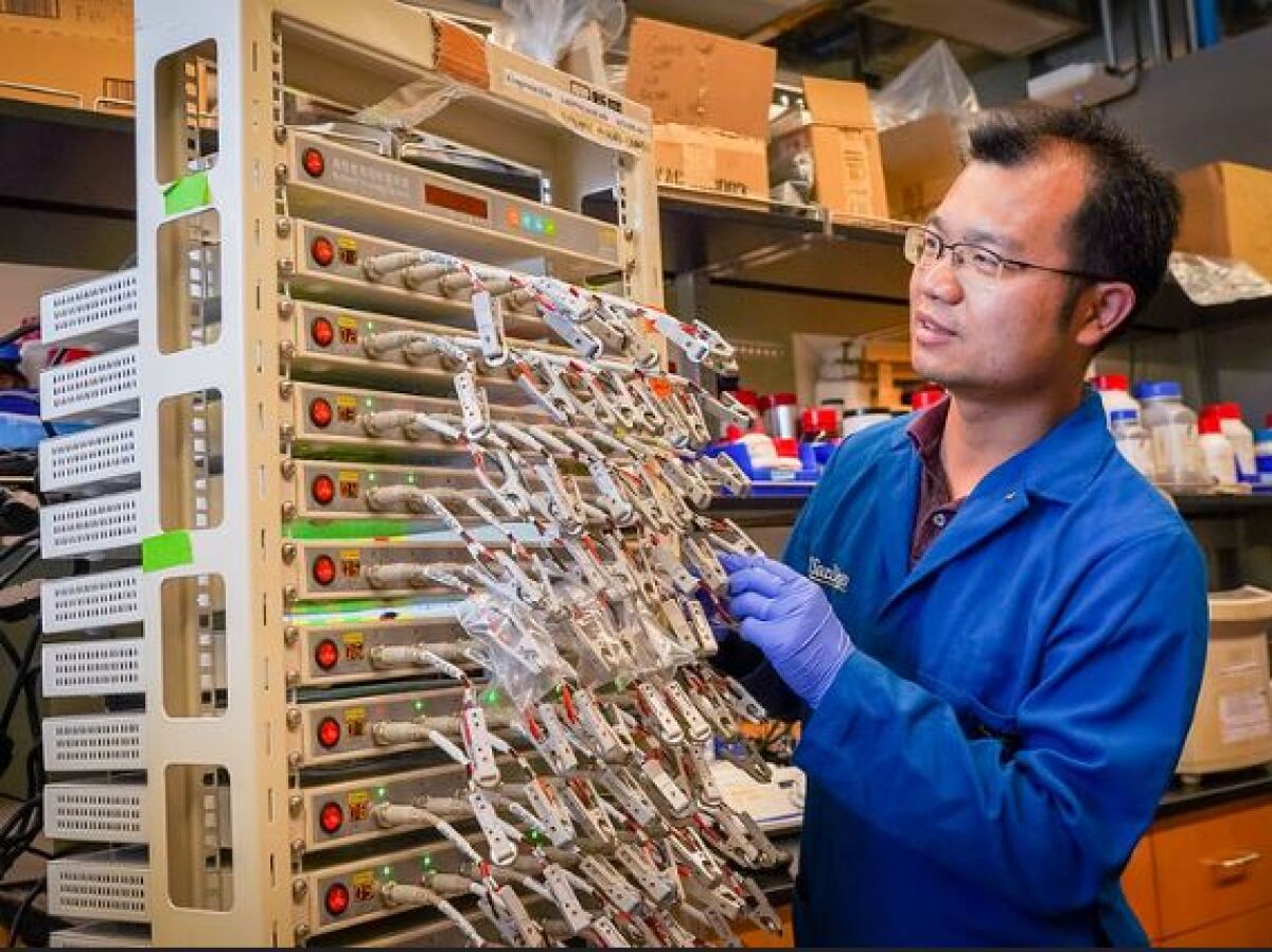 Battery researcher Zheng Chen at work at his lab at UC San Diego.