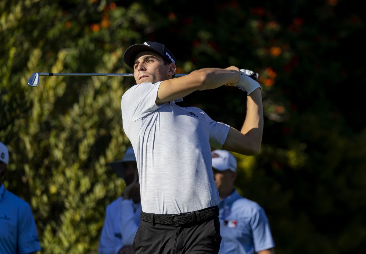 Genesis Invitational leader Joaquin Niemann tees off on the fourth hole at Riviera Country Club.