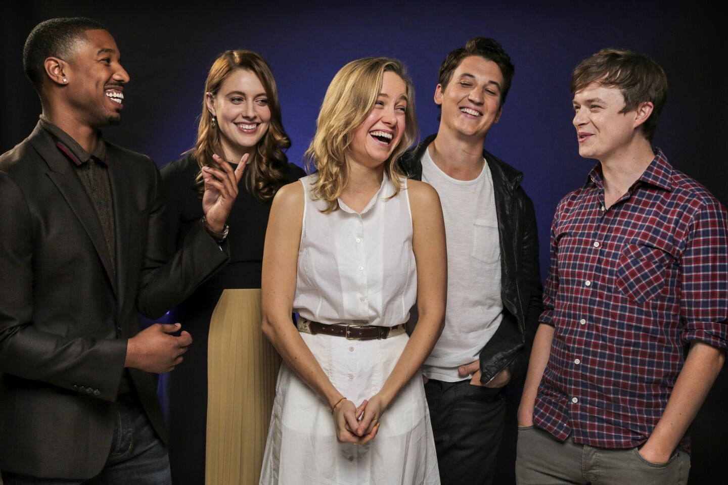 Actors, from left, Michael B. Jordan, Greta Gerwig, Brie Larson, Miles Teller and Dane DeHaan participate in the Young Hollywood Round Table at Mann Chinese 6 in Hollywood.