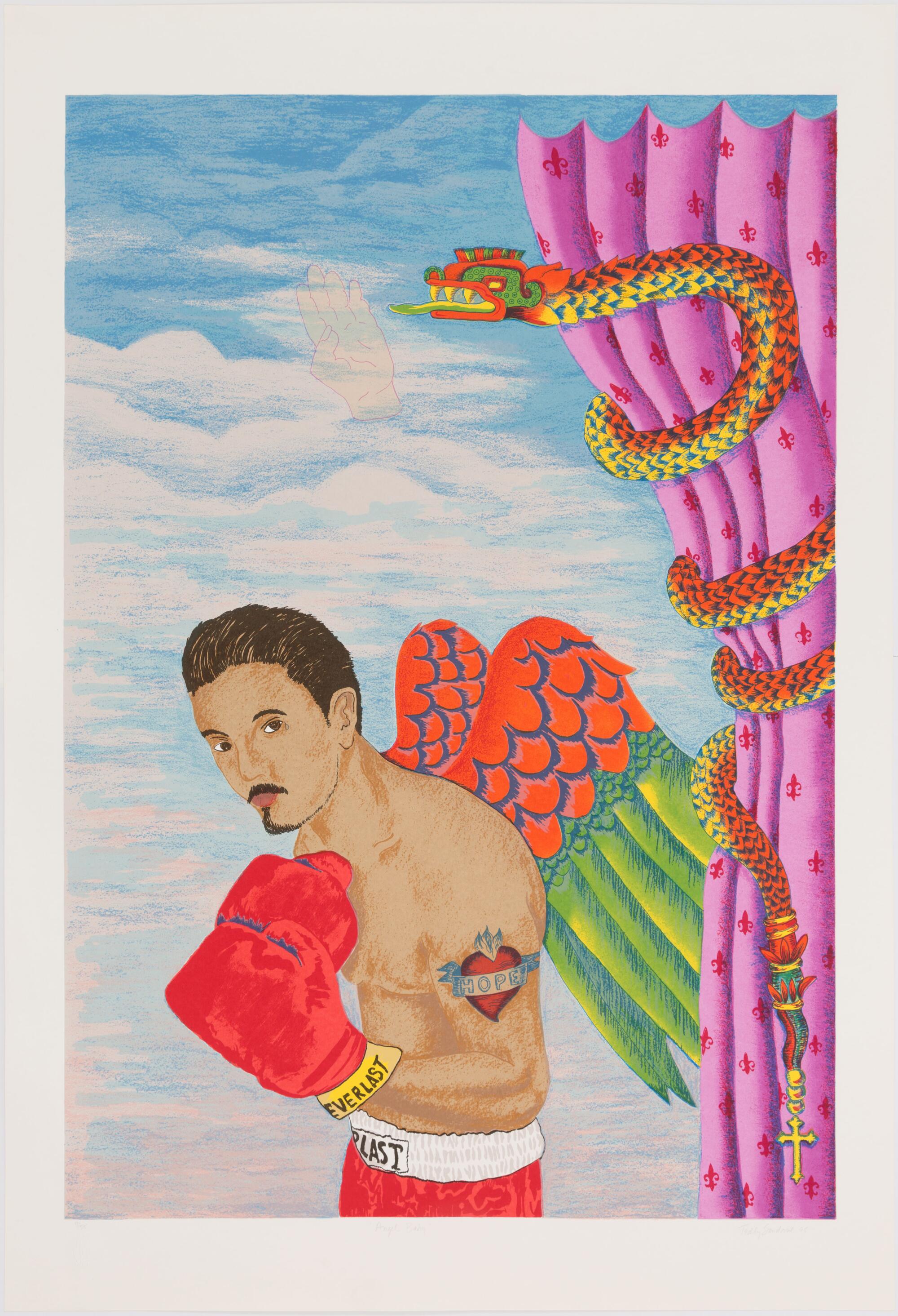 A print shows a beautiful young boxer in fighting stance. He is framed by sky and a pink curtain and has colorful wings.