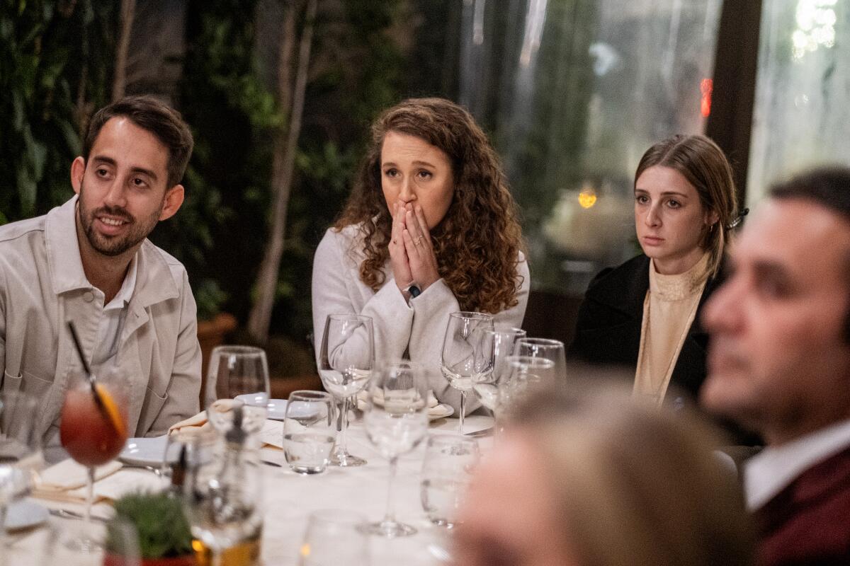 Family members of Israeli hostages Itay Raviv, and sisters Naama and Ofir Weinberg join a dinner in Beverly Hills.