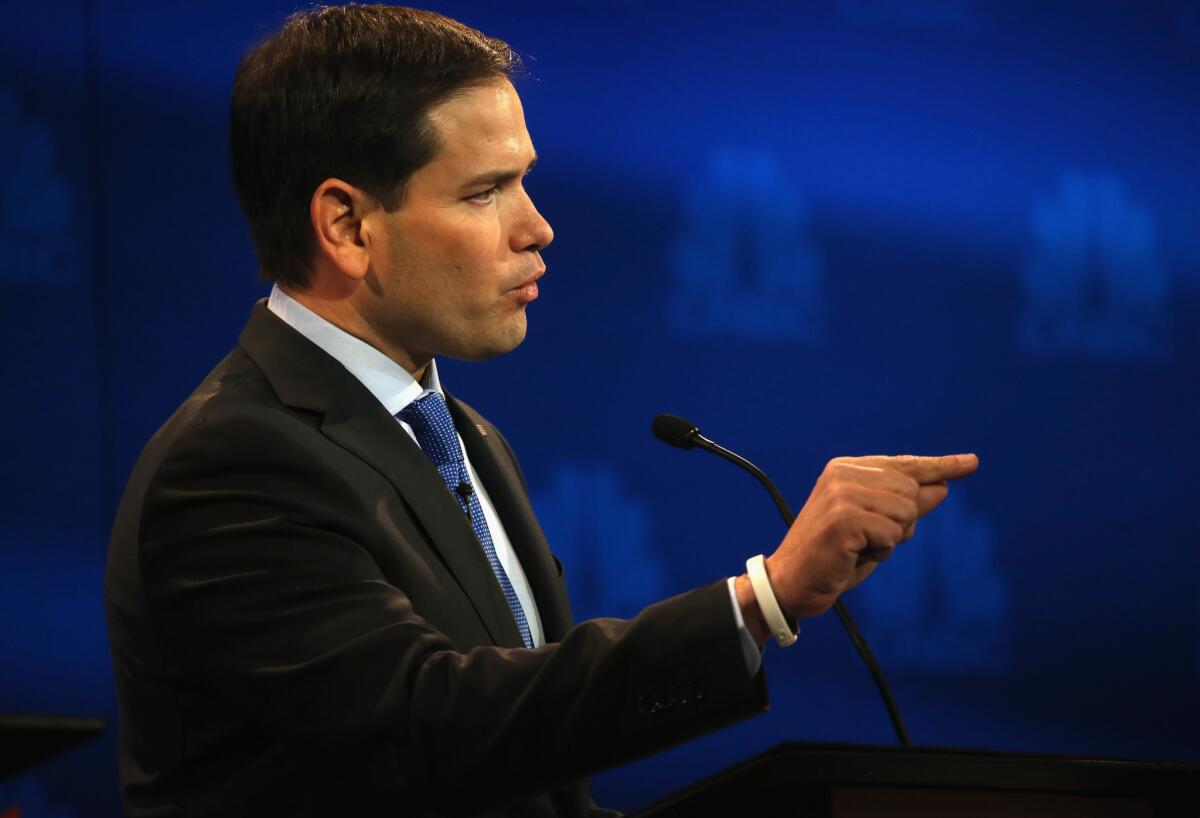 BOULDER, CO - OCTOBER 28: Presidential candidates Sen. Marco Rubio (R-FL) speaks during the CNBC Republican Presidential Debate at University of Colorados Coors Events Center October 28, 2015 in Boulder, Colorado. Fourteen Republican presidential candidates are participating in the third set of Republican presidential debates. (Photo by Justin Sullivan/Getty Images) ** OUTS - ELSENT, FPG, CM - OUTS * NM, PH, VA if sourced by CT, LA or MoD **