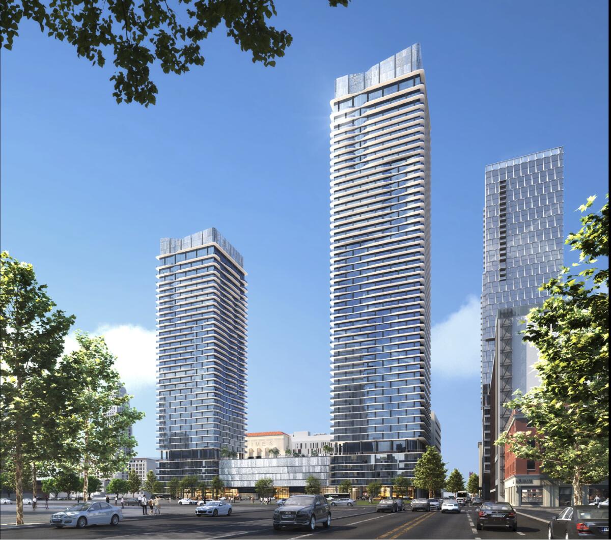 A rendering of high-rise towers at the site of the former Times building in downtown Los Angeles.