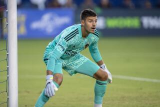 LA Galaxy goalkeeper Jonathan Bond in action against CF Montreal during the first half.