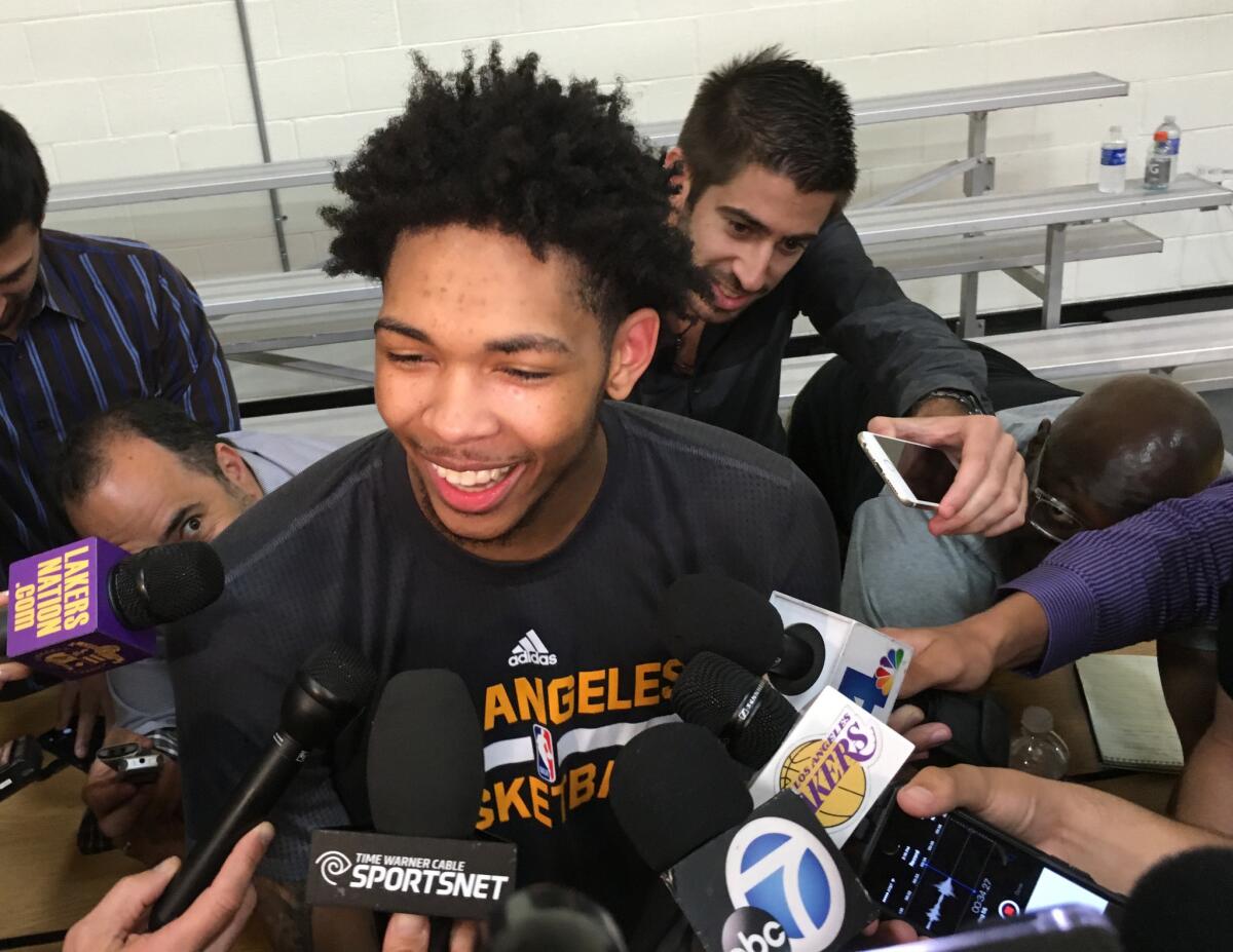 NBA draft prospect Brandon Ingram talks to reporters after a workout at the Lakers' practice facility in El Segundo.