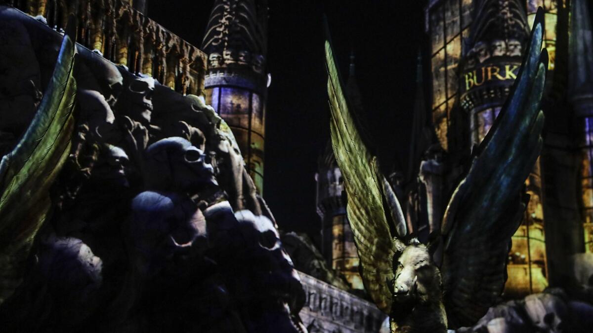 The "Dark Arts at Hogwarts" light show features projection mapping, fog and fire effects. Light-bearing drones are also used when weather permits.