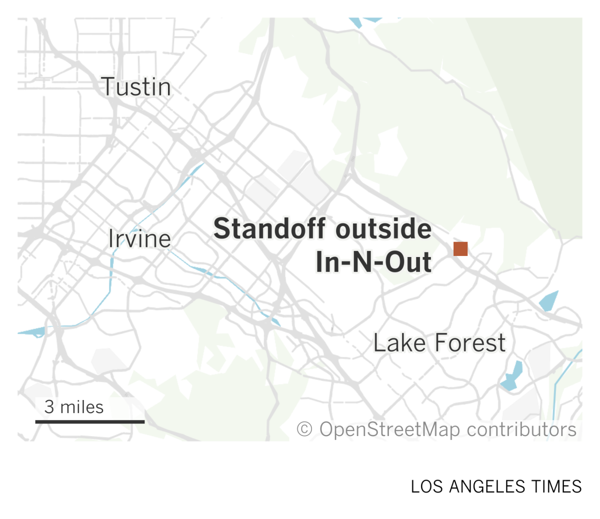 A map of Orange County shows where deputies were in a standoff with a man outside an In-N-Out in Foothill Ranch