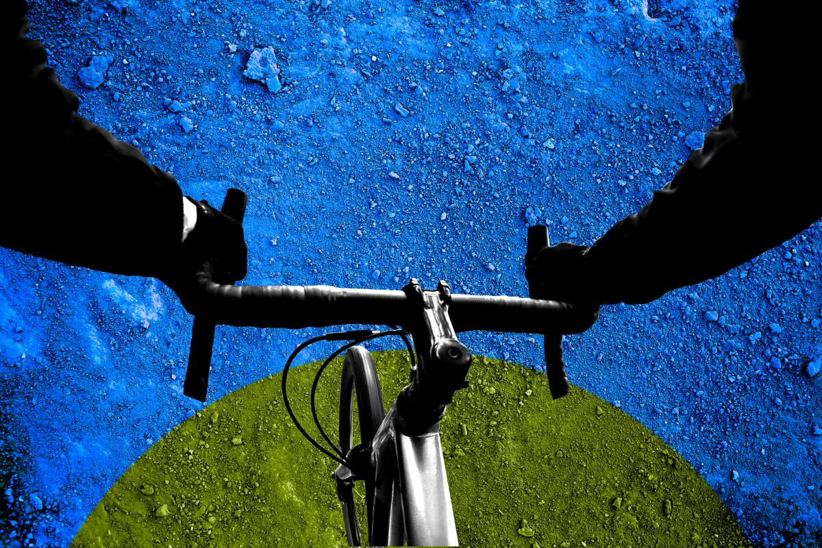 Illustration from a cyclist's point of view, hands clutching the handlebars