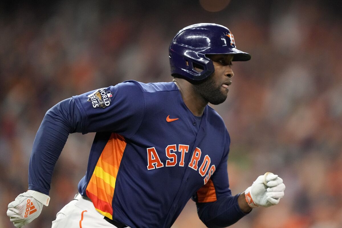 The Astros' Yordan Álvarez runs on an RBI double during the first inning in Game 2 of the World Series on Oct. 29, 2022.