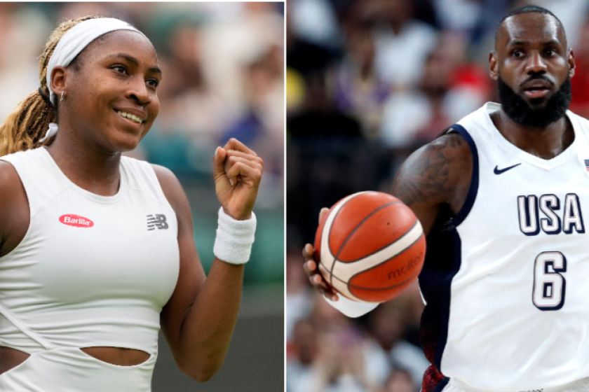 A split image of tennis player Coco Gauff, left, and basketball star LeBron James 