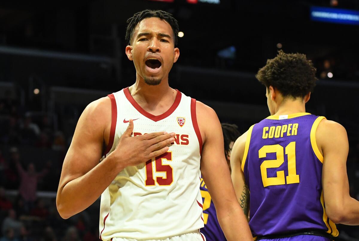 USC's Isaiah Mobley reacts after being fouled during a game against LSU in December. The freshman forward says he's in no rush when it comes to his development.