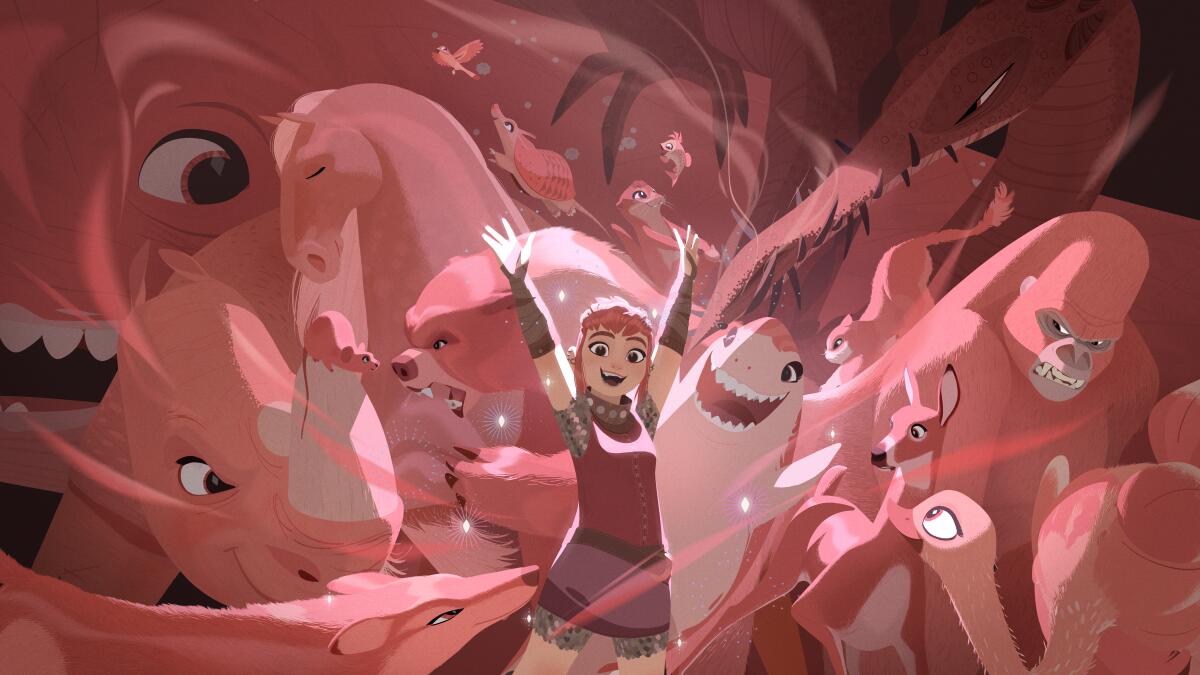 A punkish girl with pink hair, surrounded by the many different animals into which she has the power to shapeshift.