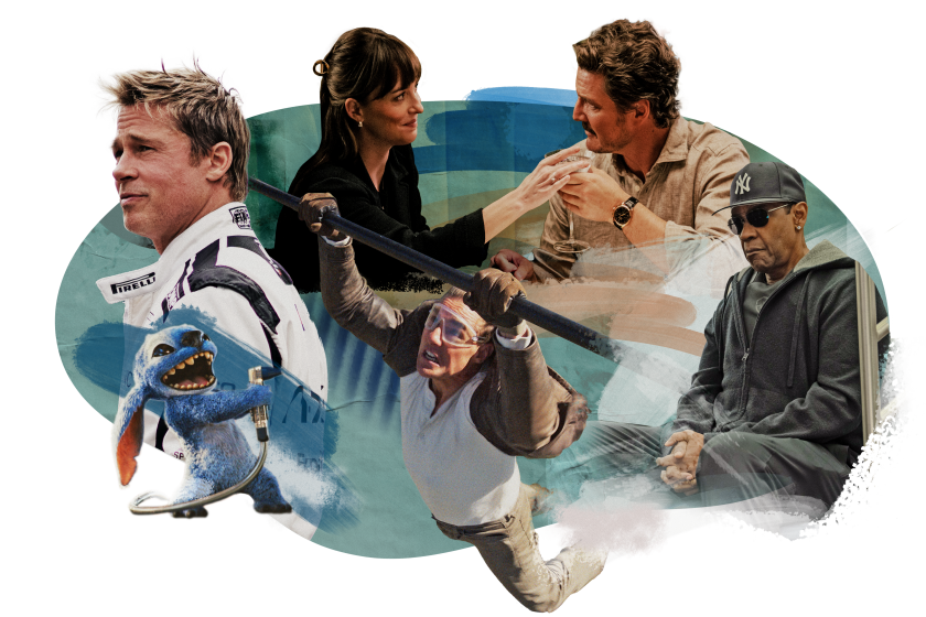 Paint-stroke collage with stills of Brad Pitt, Tom Cruise, Lilo, Pedro Pascal, Dakota Johnson, and Denzel Washington.