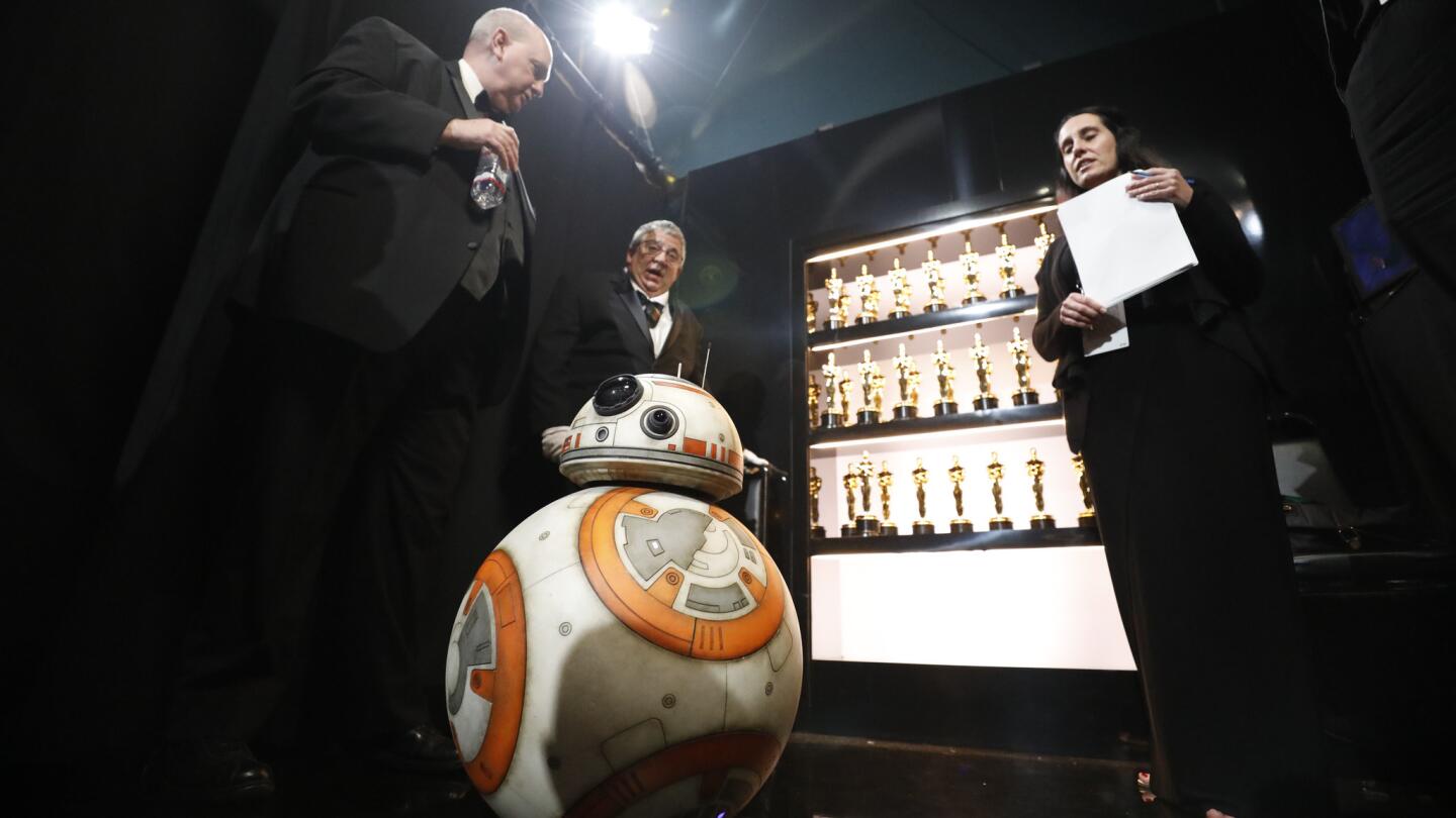 BB-8, the droid from the "Star Wars" movies, backstage at the 90th Academy Awards on Sunday at the Dolby Theatre in Hollywood.