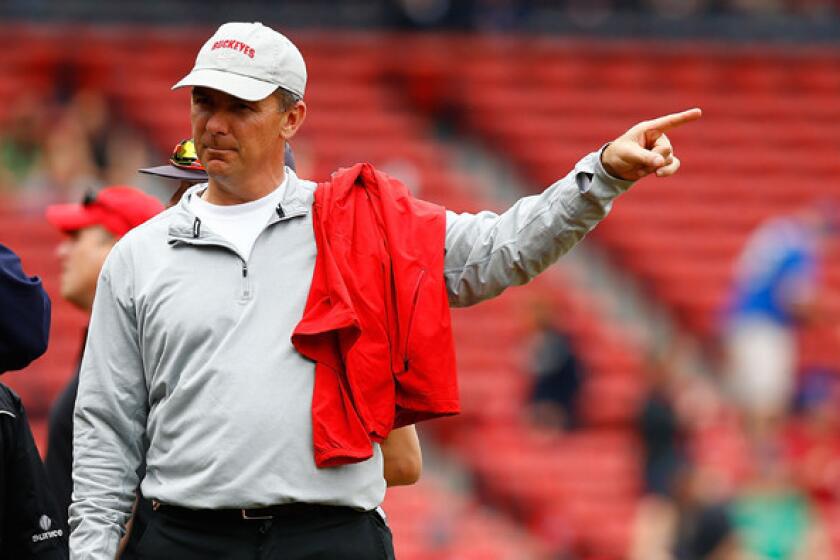 Urban Meyer, now the football coach at Ohio State, checks out Fenway Park before a game between the Boston Red Sox and Toronto Blue Jays this spring.