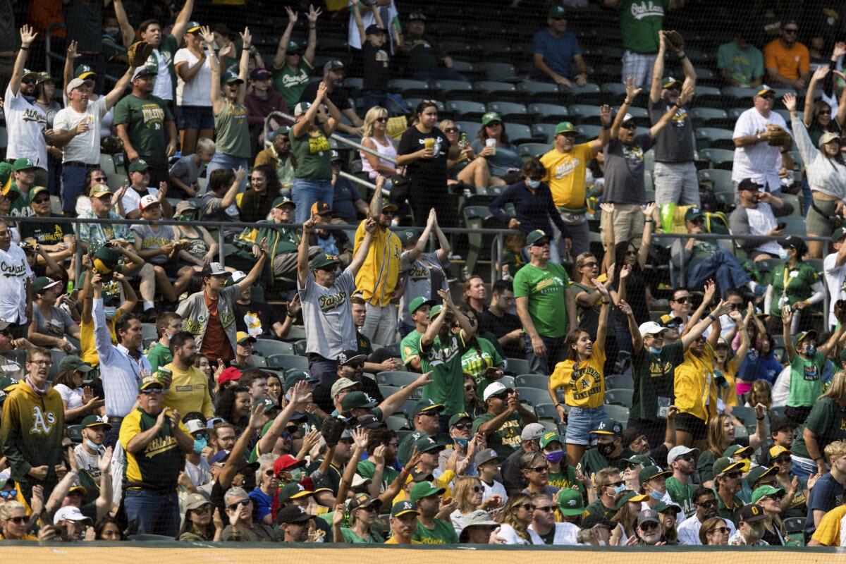 Oakland Athletics fans cheer during a home game against the Houston Astros on Sept. 25.