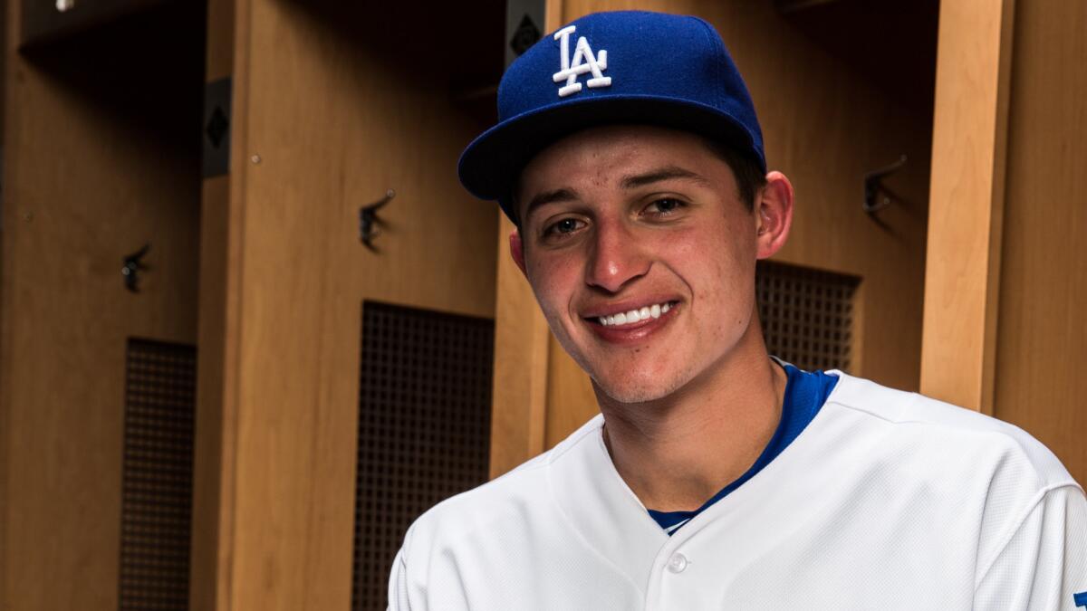 Dodgers prospect Corey Seager poses for a portrait during spring training photo day at Camelback Ranch in Phoenix on Feb. 28.