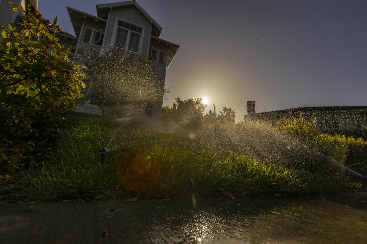 Sprinklers water grass and flowers  in the Beverlywood neighborhood 