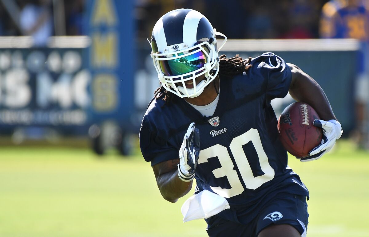 Rams running back Todd Gurley carries the ball during training camp at UC Irvine.