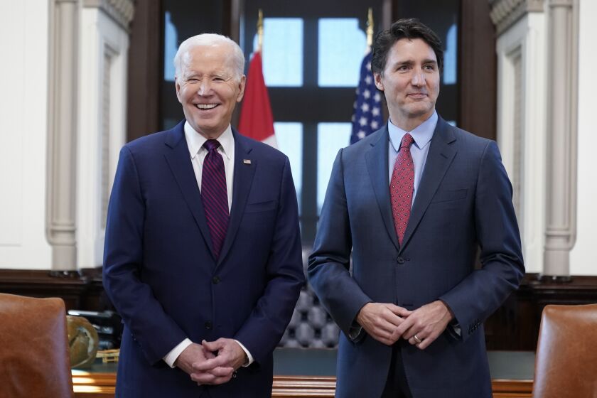 President Joe Biden meets with Canadian Prime Minister Justin Trudeau in his office at Parliament Hill, Friday, March 24, 2023, in Ottawa, Canada. (AP Photo/Andrew Harnik)