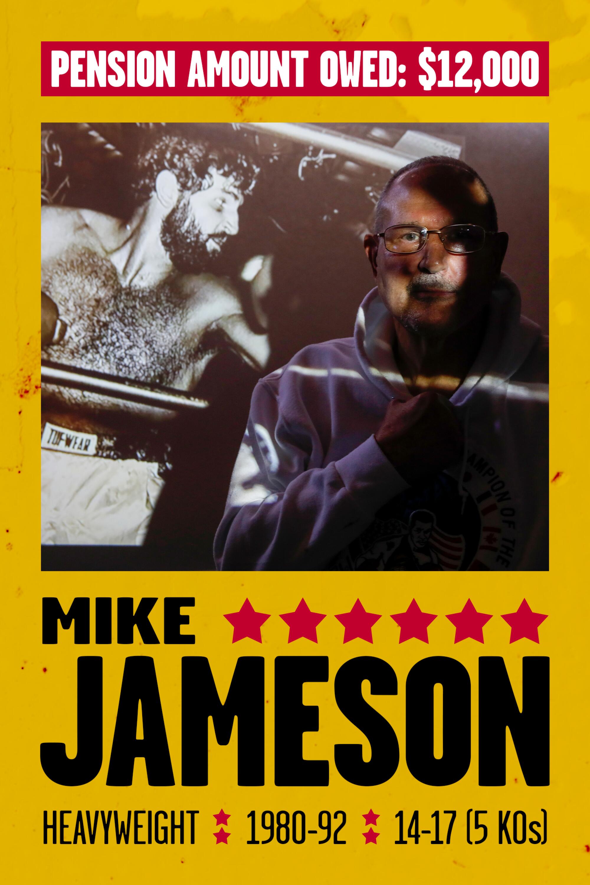 Fight poster: IRISH MIKE JAMESON, HEAVYWEIGHT, 1980-92, 14-17 (5 KOs), PENSION OWED: $12,000