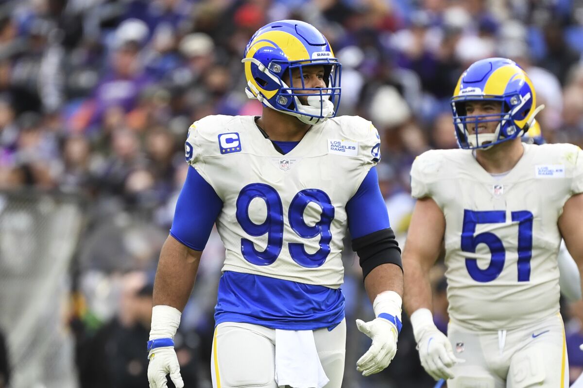 Rams defensive end Aaron Donald stands on the field during a win over the Baltimore Ravens on Jan. 2.