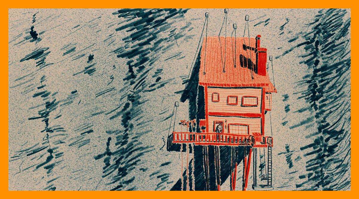 A still from the Oscar-nominated animated short "Ice Merchants" shows a reddish house against a cliffside.