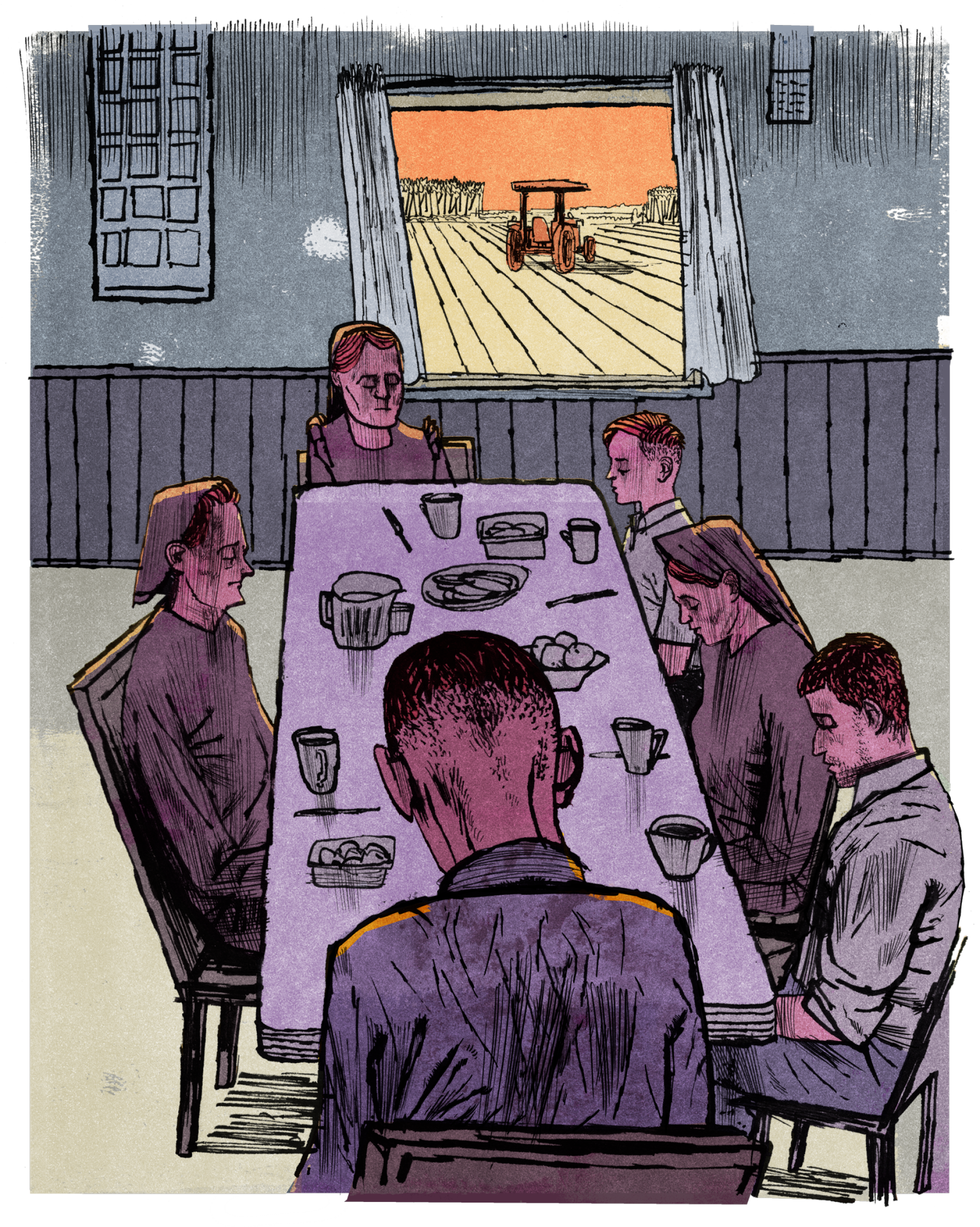 An illustration of members of the Mennonite community praying around a dinner table.