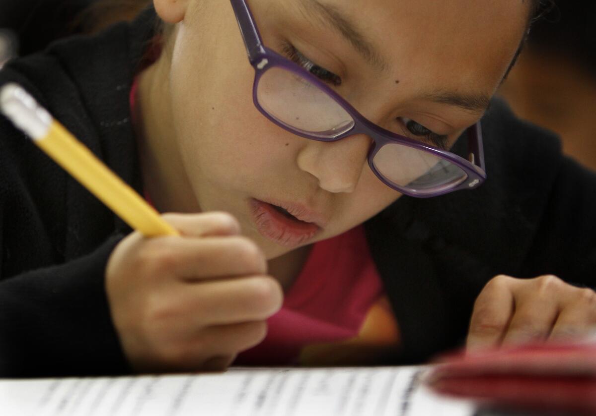 Zeimi Deleon focuses on problems during a math class at Los Angeles Elementary School in 2011.