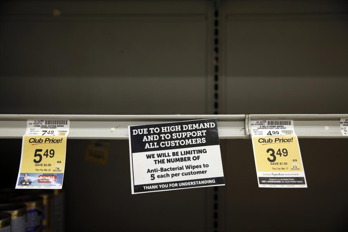 A Vons supermarket in South Pasadena was all out of anti-bacterial wipes Wednesday.