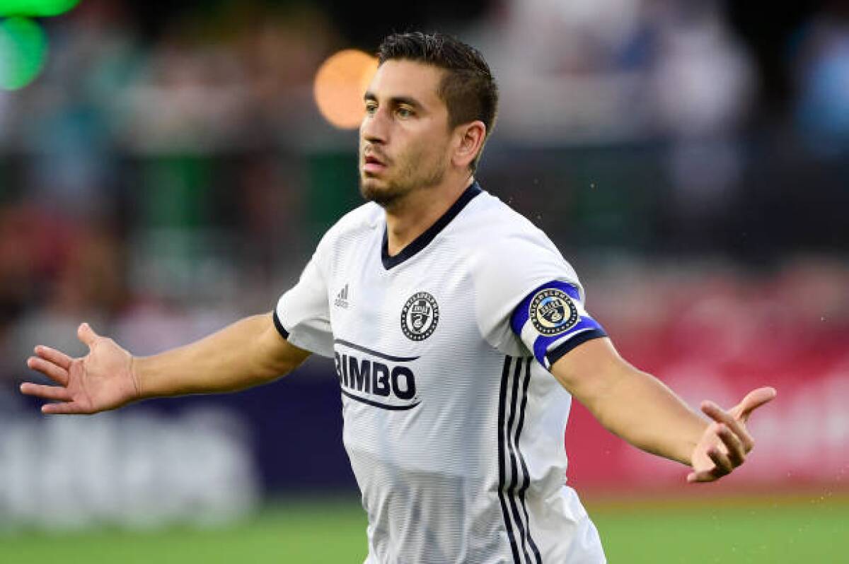 Philadelphia Union's Alejandro Bedoya celebrates after scoring a goal in the first half against the D.C. United at Audi Field on Sunday in Washington, D.C.